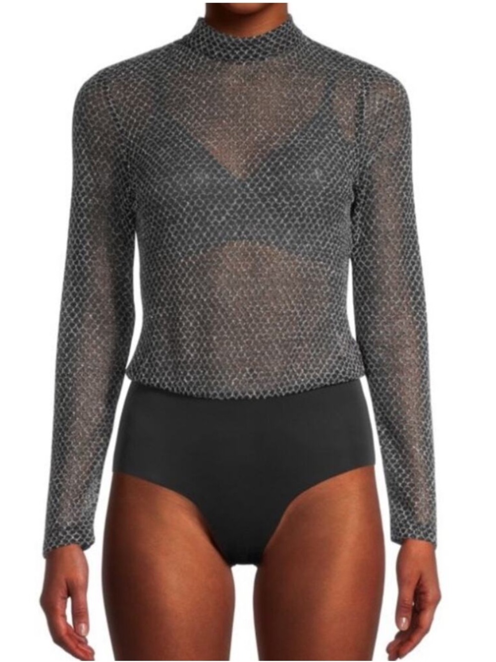 NWT L’Agence Nico Fishnet Bodysuit In Black Sparkle Crystal Sheer Sz L